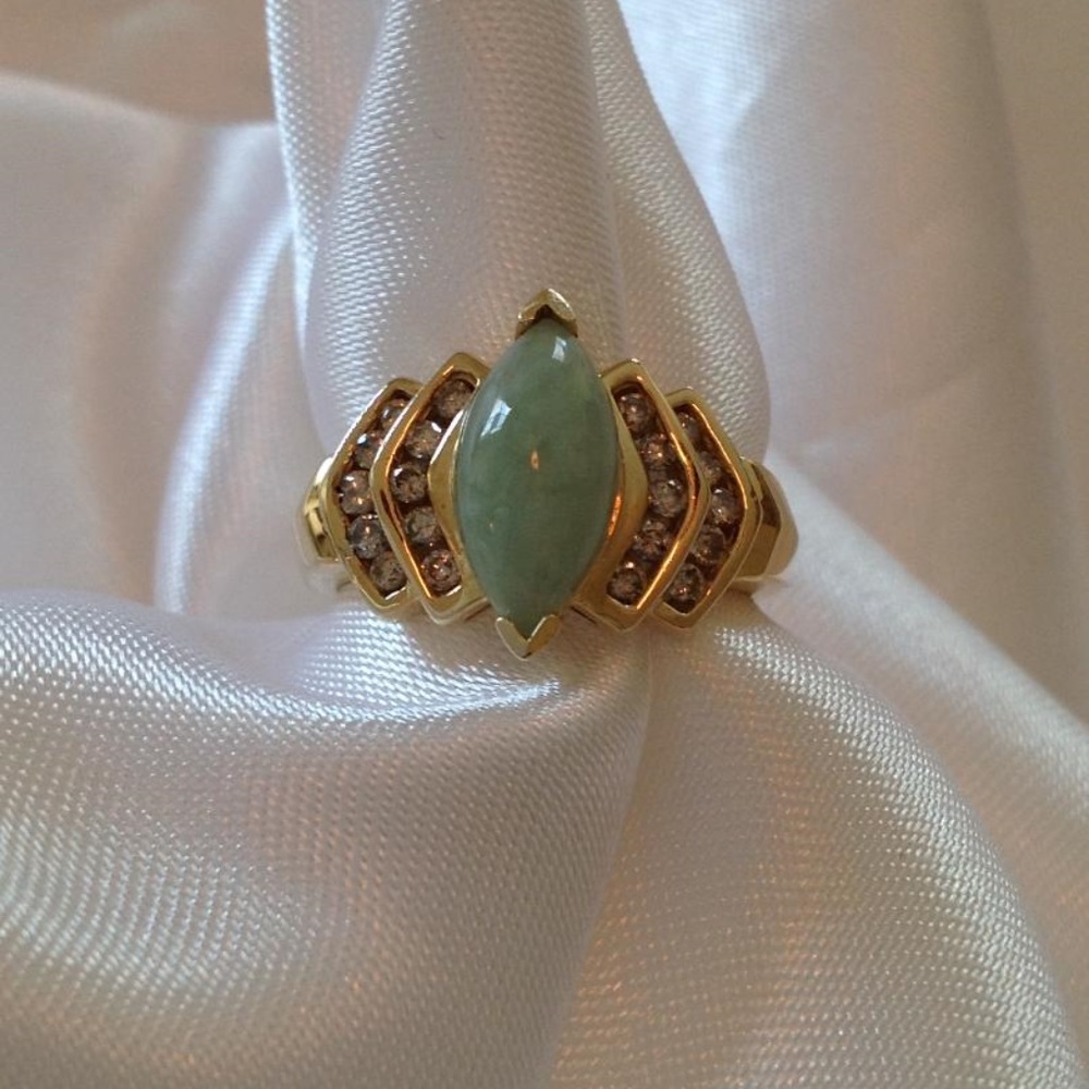 Natural Green Marquise Jade & Diamond 14K Ring